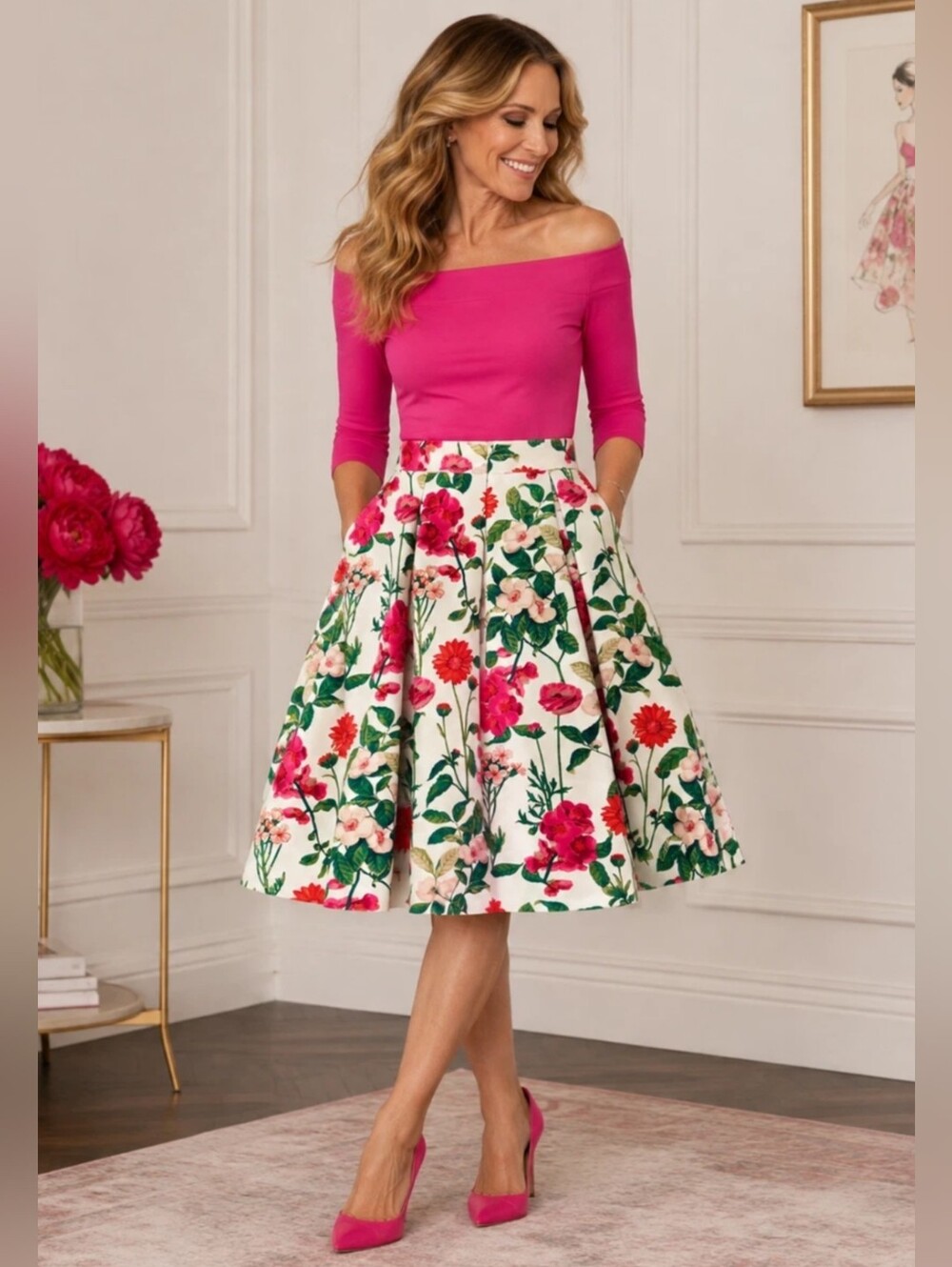 Vintage Eliza J Pleated A-Line Skirt - Botanical - Box Pleats - Tulle - Size 4